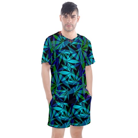 420 Ganja Pattern, Weed Leafs, Marihujana In Colors Men s Mesh Tee And Shorts Set by Casemiro
