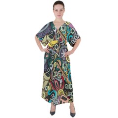 Cartoon-cute-doodles-hand-drawn-auto-service-seamless-pattern V-neck Boho Style Maxi Dress by Vaneshart