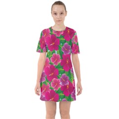Background Cute Flowers Fuchsia With Leaves Sixties Short Sleeve Mini Dress by BangZart
