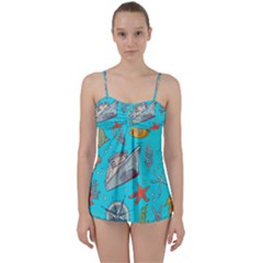 Colored Sketched Sea Elements Pattern Background Sea Life Animals Illustration Babydoll Tankini Set by BangZart