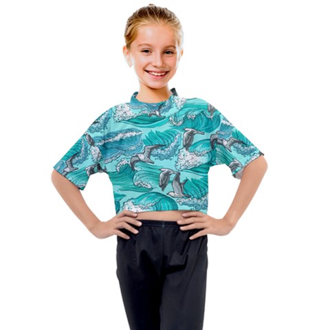 Sea Waves Seamless Pattern Kids Mock Neck Tee by BangZart