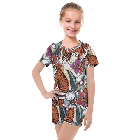 Natural Seamless Pattern With Tiger Blooming Orchid Kids  Mesh Tee And Shorts Set by BangZart