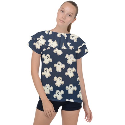 Hand Drawn Ghost Pattern Ruffle Collar Chiffon Blouse by BangZart