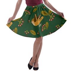Cute Seamless Pattern Bird With Berries Leaves A-line Skater Skirt by BangZart