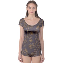 Seamless Pattern Gold Floral Ornament Dark Background Fashionable Textures Golden Luster Boyleg Leotard  by BangZart