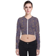 Seamless Pattern Gold Floral Ornament Dark Background Fashionable Textures Golden Luster Long Sleeve Zip Up Bomber Jacket by BangZart