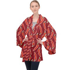 Chili Pattern Red Long Sleeve Velvet Kimono  by BangZart