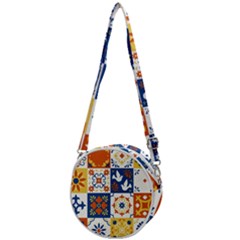 Mexican Talavera Pattern Ceramic Tiles With Flower Leaves Bird Ornaments Traditional Majolica Style Crossbody Circle Bag by BangZart
