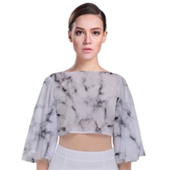 White Faux Marble Texture  Tie Back Butterfly Sleeve Chiffon Top by Dushan