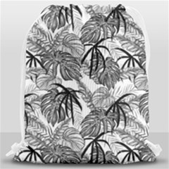 Black And White Leafs Pattern, Tropical Jungle, Nature Themed Drawstring Bag (large) by Casemiro