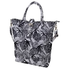 Black And White Leafs Pattern, Tropical Jungle, Nature Themed Buckle Top Tote Bag by Casemiro