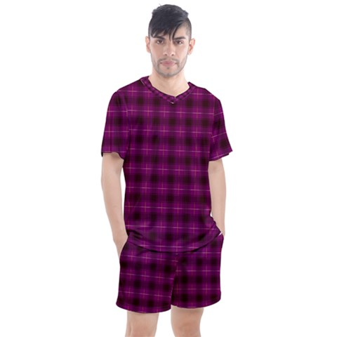 Dark Purple, Violet Tartan, Buffalo Plaid Like Pattern Men s Mesh Tee And Shorts Set by Casemiro