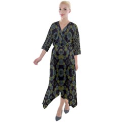 Modern Ornate Stylized Motif Print Quarter Sleeve Wrap Front Maxi Dress by dflcprintsclothing