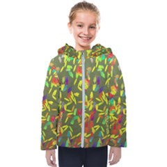 Colorful Brush Strokes Painting On A Green Background                                                   Kids  Hooded Puffer Jacket by LalyLauraFLM