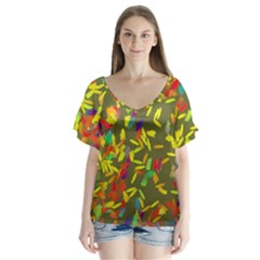 Colorful Brush Strokes Painting On A Green Background                                                   V-neck Flutter Sleeve Top by LalyLauraFLM