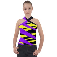 Abstract Triangles, Three Color Dotted Pattern, Purple, Yellow, Black In Saturated Colors Cross Neck Velour Top by Casemiro