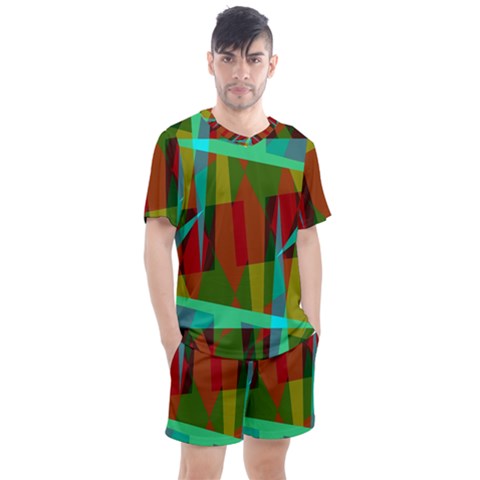 Rainbow Colors Palette Mix, Abstract Triangles, Asymmetric Pattern Men s Mesh Tee And Shorts Set by Casemiro