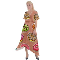 Doughnut Doodle Colorful Seamless Pattern Cross Front Sharkbite Hem Maxi Dress by Amaryn4rt