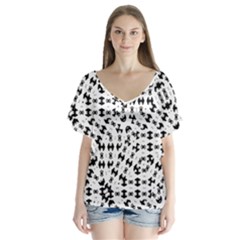 Black And White Ethnic Print V-neck Flutter Sleeve Top by dflcprintsclothing