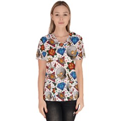 Full Color Flash Tattoo Patterns Women s V-neck Scrub Top by Amaryn4rt