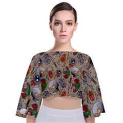 Tattoo Pattern Tie Back Butterfly Sleeve Chiffon Top by Amaryn4rt