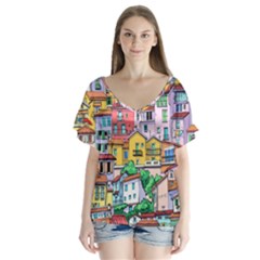 Menton Old Town France V-neck Flutter Sleeve Top by Amaryn4rt