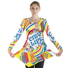 Colorful City Life Horizontal Seamless Pattern Urban City Long Sleeve Tunic  by Amaryn4rt