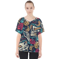 Vintage Art Tattoos Colorful Seamless Pattern V-neck Dolman Drape Top by Amaryn4rt