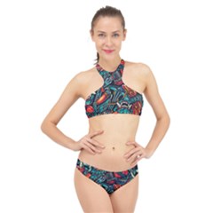 Vintage Tattoos Colorful Seamless Pattern High Neck Bikini Set by Amaryn4rt