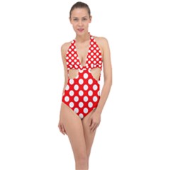 Large White Polka Dots Pattern, Retro Style, Pinup Pattern Halter Front Plunge Swimsuit by Casemiro
