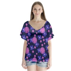 Pink And Blue Flowers V-neck Flutter Sleeve Top by bloomingvinedesign