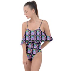 Blue Haired Girl Pattern Black Drape Piece Swimsuit by snowwhitegirl