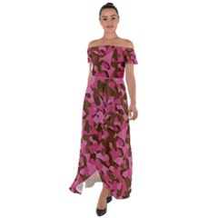 Pink And Brown Camouflage Off Shoulder Open Front Chiffon Dress by SpinnyChairDesigns