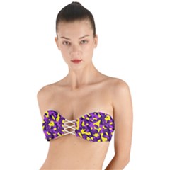 Purple And Yellow Camouflage Pattern Twist Bandeau Bikini Top by SpinnyChairDesigns