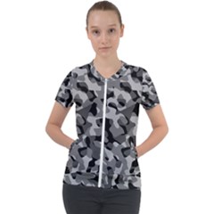 Grey And Black Camouflage Pattern Short Sleeve Zip Up Jacket by SpinnyChairDesigns