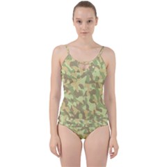 Light Green Brown Yellow Camouflage Pattern Cut Out Top Tankini Set by SpinnyChairDesigns