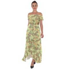 Light Green Brown Yellow Camouflage Pattern Off Shoulder Open Front Chiffon Dress by SpinnyChairDesigns