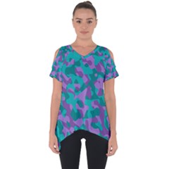 Purple And Teal Camouflage Pattern Cut Out Side Drop Tee by SpinnyChairDesigns