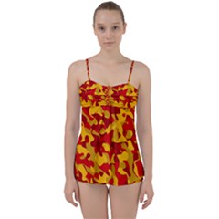 Red And Yellow Camouflage Pattern Babydoll Tankini Set by SpinnyChairDesigns