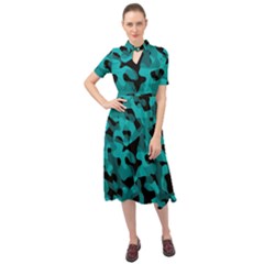 Black And Teal Camouflage Pattern Keyhole Neckline Chiffon Dress by SpinnyChairDesigns