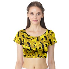Black And Yellow Camouflage Pattern Short Sleeve Crop Top by SpinnyChairDesigns