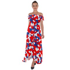 Red White Blue Camouflage Pattern Off Shoulder Open Front Chiffon Dress by SpinnyChairDesigns