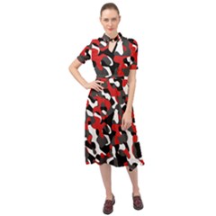 Black Red White Camouflage Pattern Keyhole Neckline Chiffon Dress by SpinnyChairDesigns