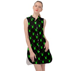 Neon Green Bug Insect Heads On Black Sleeveless Shirt Dress by SpinnyChairDesigns