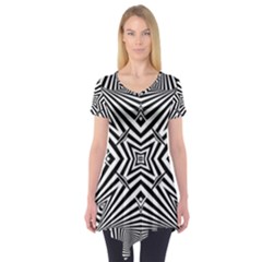 Black And White Line Art Pattern Stripes Short Sleeve Tunic  by SpinnyChairDesigns