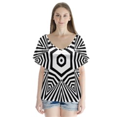 Black And White Line Art Stripes Pattern V-neck Flutter Sleeve Top by SpinnyChairDesigns
