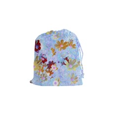 Cosmos Flowers Ligh Blue Drawstring Pouch (small) by DinkovaArt
