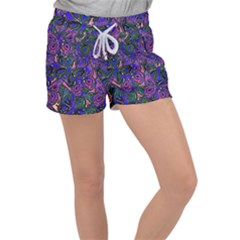 Purple Abstract Butterfly Pattern Velour Lounge Shorts by SpinnyChairDesigns