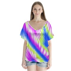 Colorful Blue Purple Pastel Tie Dye Pattern V-neck Flutter Sleeve Top by SpinnyChairDesigns
