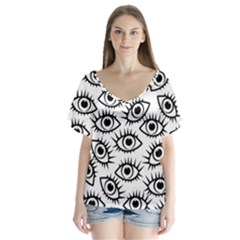 Black And White Cartoon Eyeballs V-neck Flutter Sleeve Top by SpinnyChairDesigns